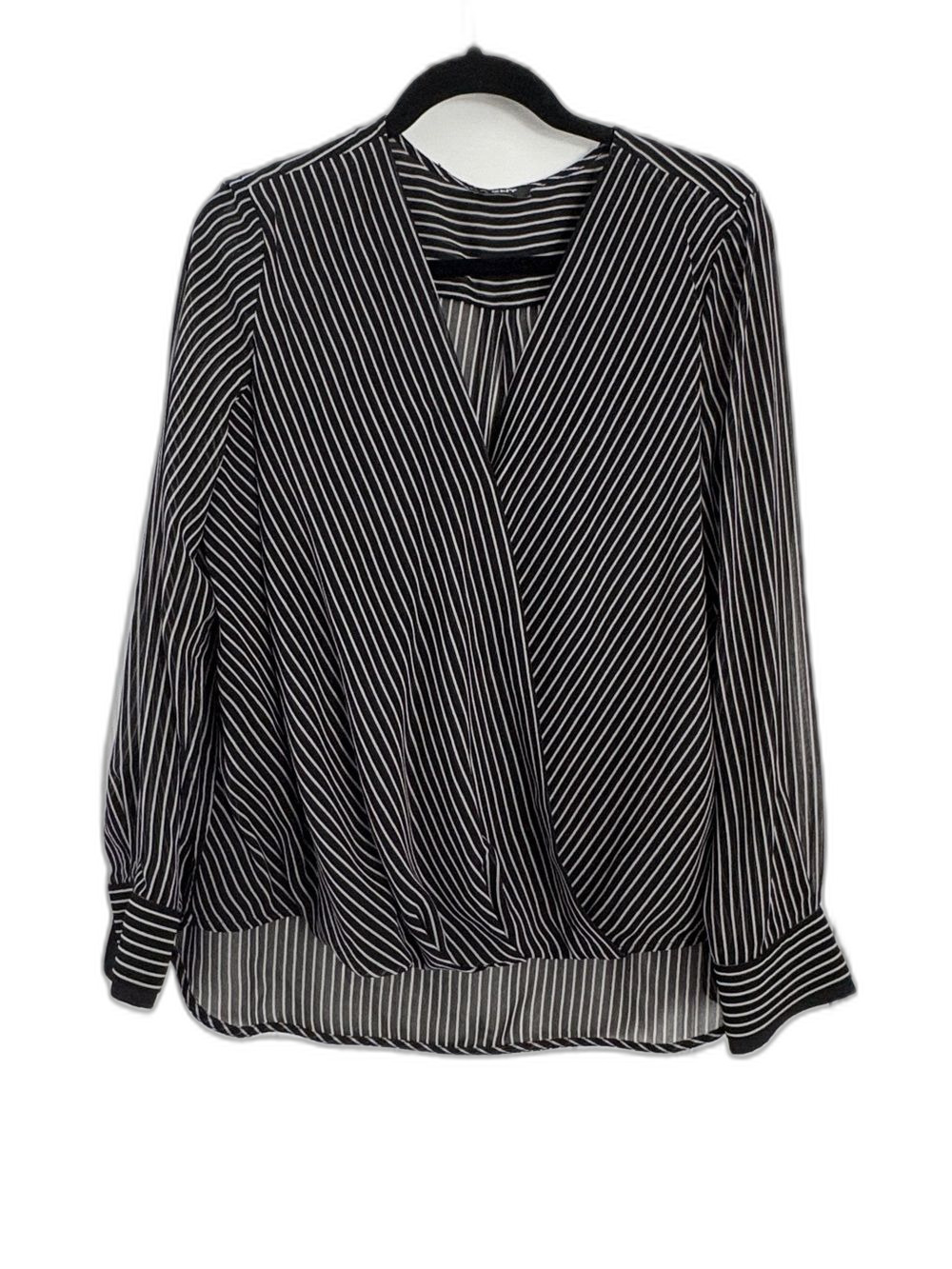 DKNY Black White Striped Wrap Front Blouse Long Sleeve High Low Pleated Top L